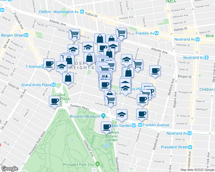 map of restaurants, bars, coffee shops, grocery stores, and more near 748 Washington Avenue in Brooklyn