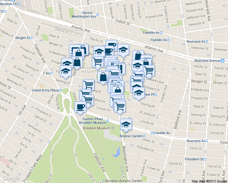 map of restaurants, bars, coffee shops, grocery stores, and more near 748 Washington Avenue in Brooklyn