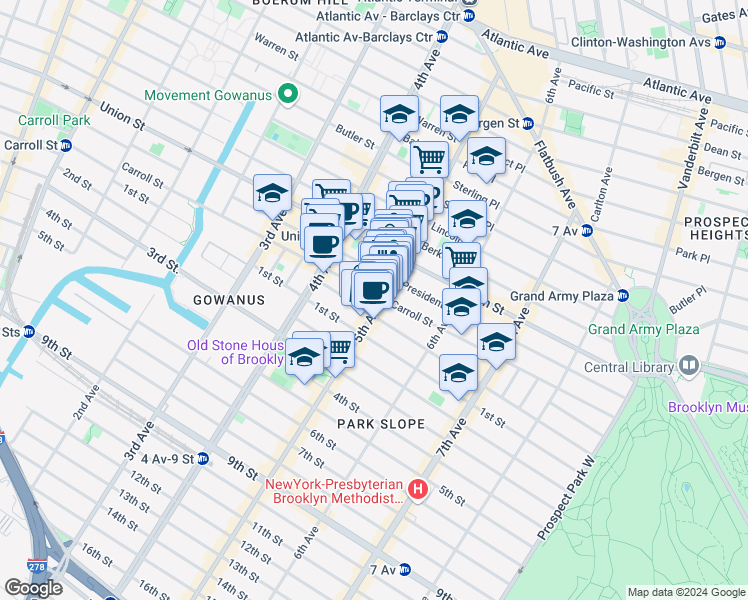 map of restaurants, bars, coffee shops, grocery stores, and more near 212 5th Avenue in Brooklyn