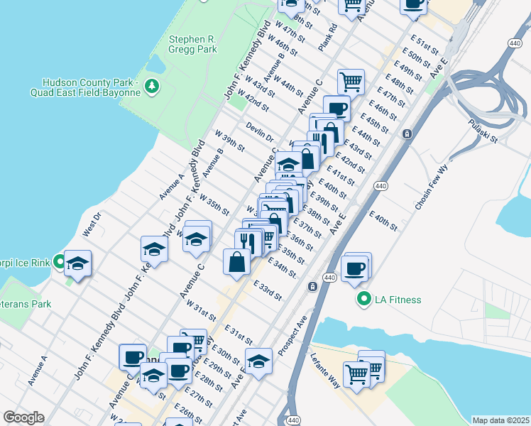 map of restaurants, bars, coffee shops, grocery stores, and more near 36 West 37th Street in Bayonne