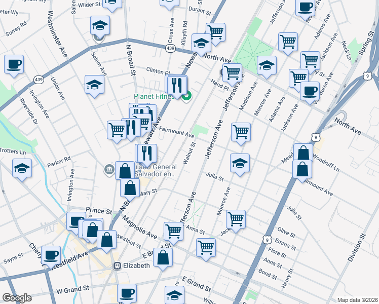 map of restaurants, bars, coffee shops, grocery stores, and more near 580 Walnut Street in Elizabeth
