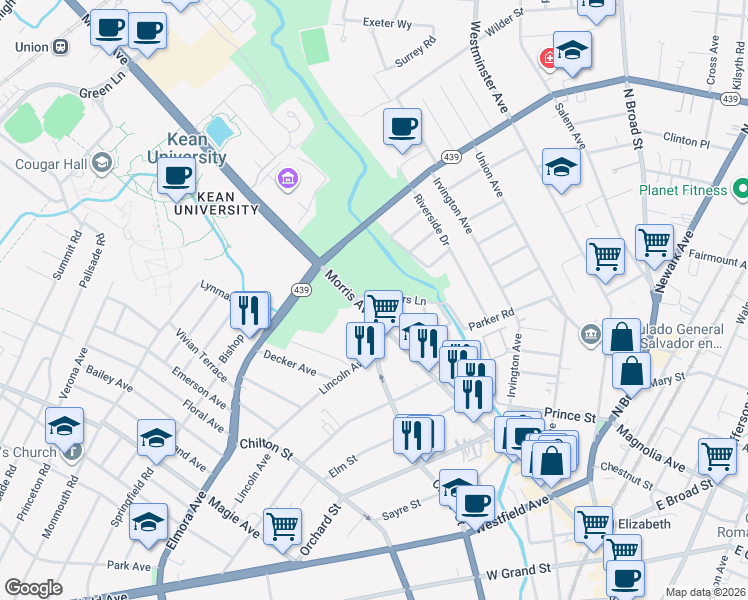 map of restaurants, bars, coffee shops, grocery stores, and more near 26 Trotters Lane in Elizabeth