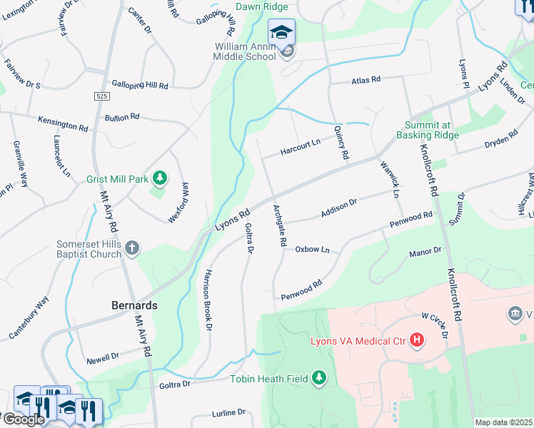 map of restaurants, bars, coffee shops, grocery stores, and more near 5 Archgate Road in Basking Ridge