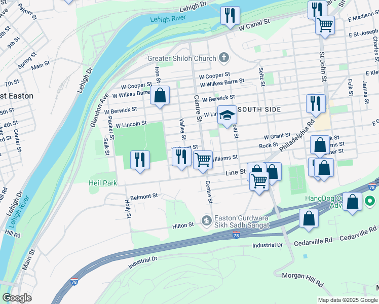 map of restaurants, bars, coffee shops, grocery stores, and more near 747 West Grant Street in Easton