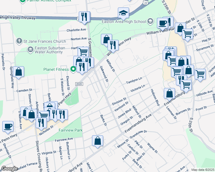 map of restaurants, bars, coffee shops, grocery stores, and more near 600 South Greenwood Avenue in Easton
