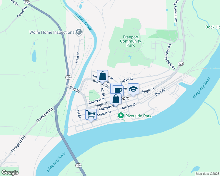 map of restaurants, bars, coffee shops, grocery stores, and more near 104 Buffalo Street in Freeport