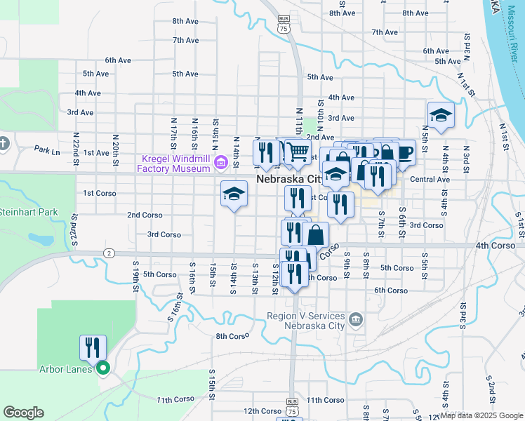 map of restaurants, bars, coffee shops, grocery stores, and more near 1207 1st Avenue in Nebraska City