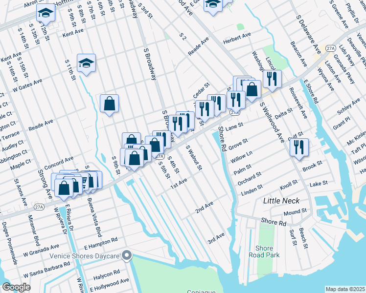 map of restaurants, bars, coffee shops, grocery stores, and more near 330 New York 27A in Lindenhurst