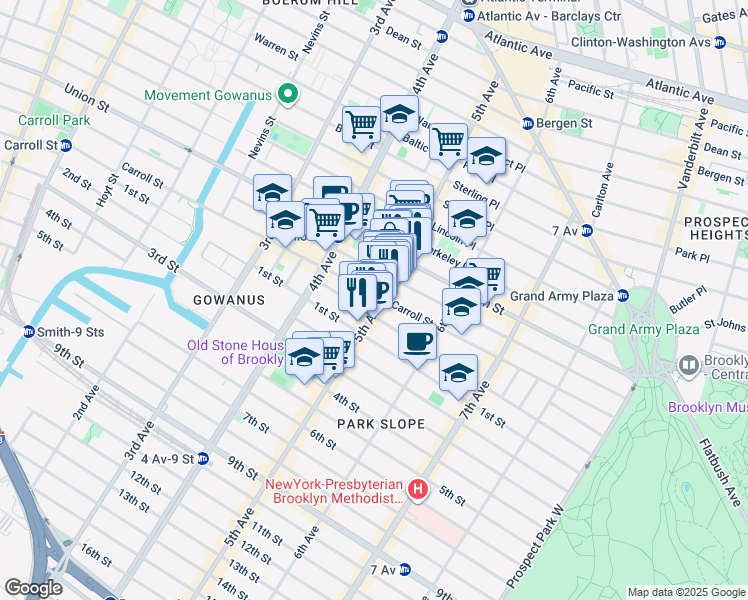 map of restaurants, bars, coffee shops, grocery stores, and more near 212 5th Avenue in Brooklyn