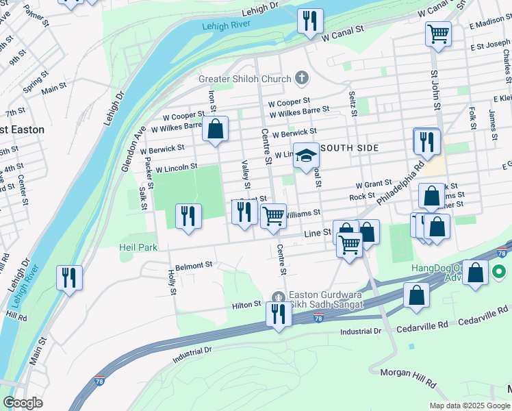 map of restaurants, bars, coffee shops, grocery stores, and more near 747 West Grant Street in Easton