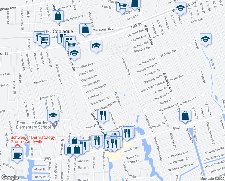 map of restaurants, bars, coffee shops, grocery stores, and more near 140 Pleasantview Court in Copiague