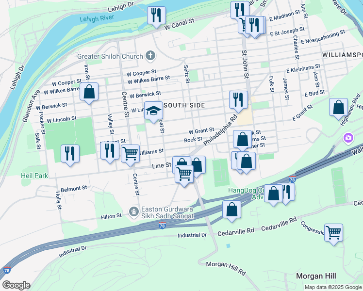 map of restaurants, bars, coffee shops, grocery stores, and more near 443 Williams Street in Easton