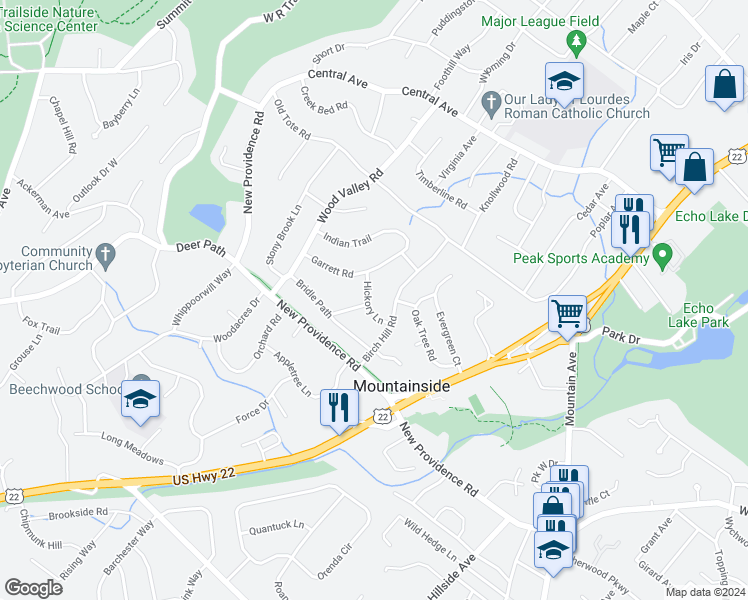map of restaurants, bars, coffee shops, grocery stores, and more near 262 Hickory Lane in Mountainside