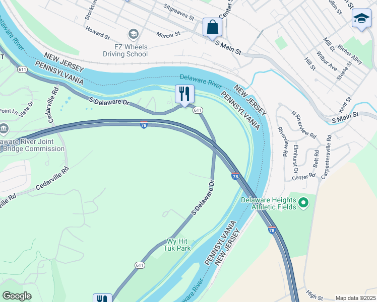 map of restaurants, bars, coffee shops, grocery stores, and more near 360 South Delaware Drive in Easton