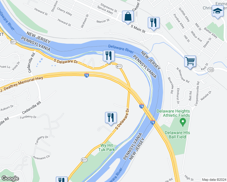 map of restaurants, bars, coffee shops, grocery stores, and more near 360 South Delaware Drive in Easton