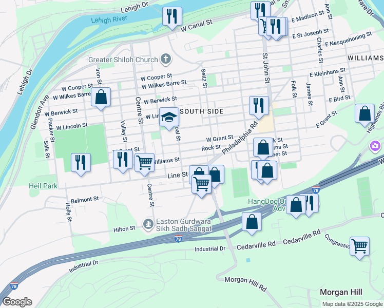 map of restaurants, bars, coffee shops, grocery stores, and more near 465 Williams Street in Easton