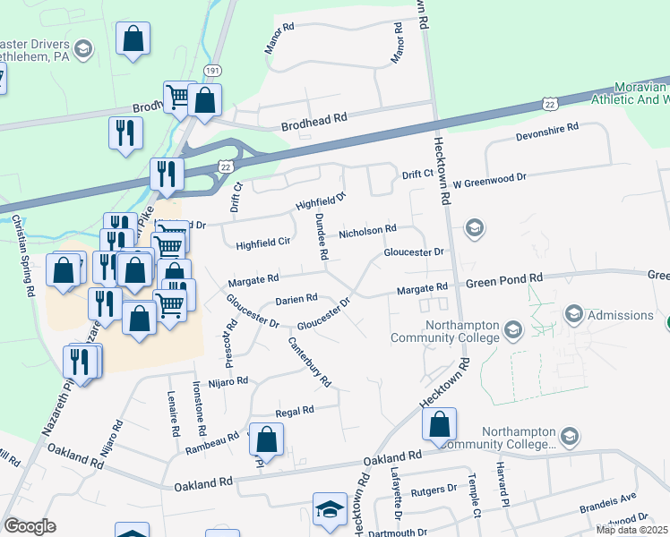 map of restaurants, bars, coffee shops, grocery stores, and more near 3503 Margate Road in Bethlehem