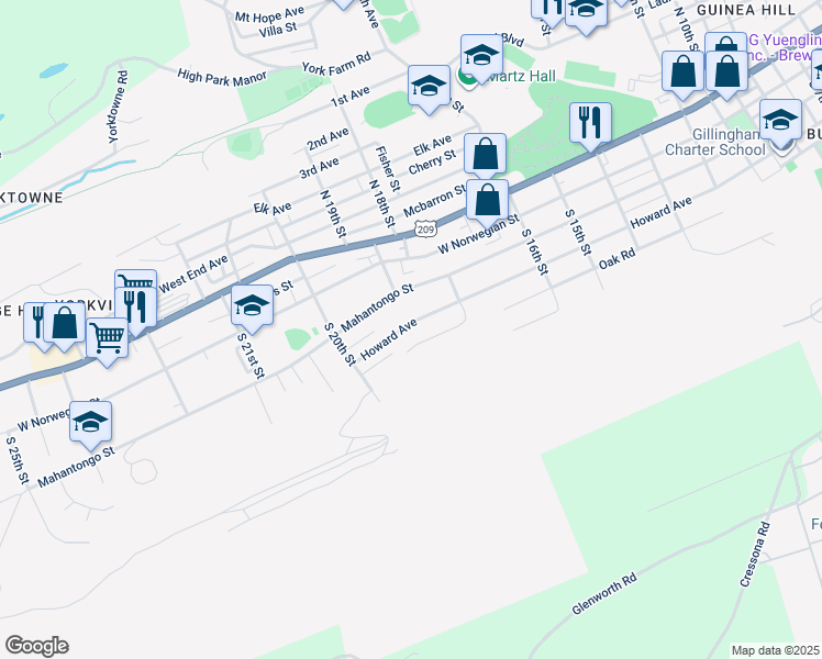 map of restaurants, bars, coffee shops, grocery stores, and more near 1901 Howard Avenue in Pottsville