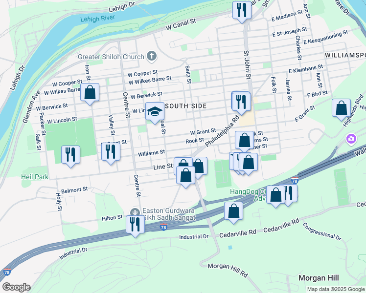 map of restaurants, bars, coffee shops, grocery stores, and more near 443 Williams Street in Easton