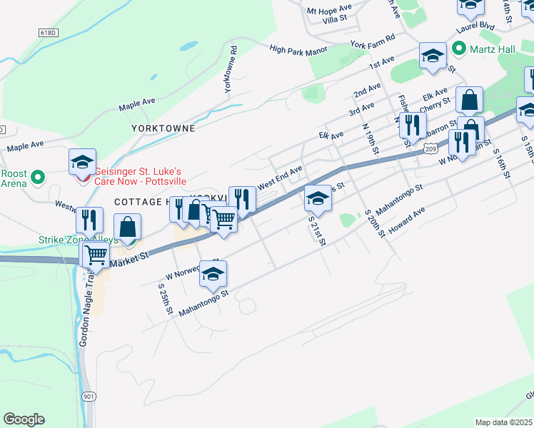 map of restaurants, bars, coffee shops, grocery stores, and more near 2161 West Market Street in Pottsville