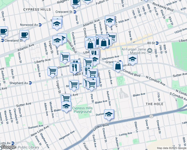 map of restaurants, bars, coffee shops, grocery stores, and more near Crescent Street in Brooklyn
