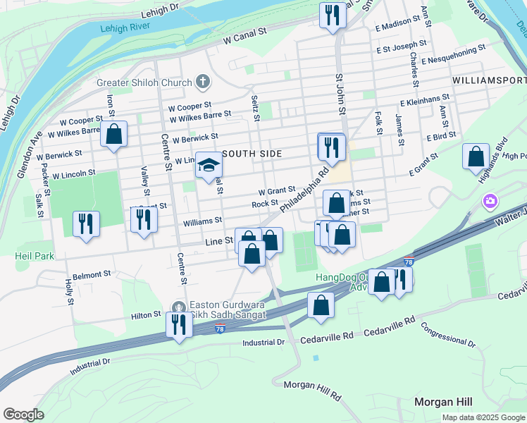 map of restaurants, bars, coffee shops, grocery stores, and more near 831 Seitz Street in Easton