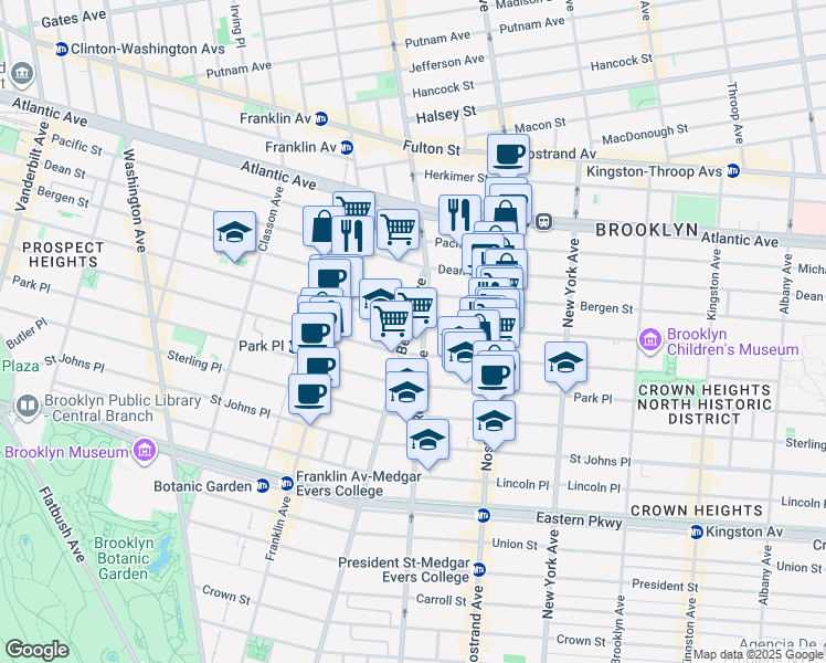 map of restaurants, bars, coffee shops, grocery stores, and more near 1401 Bedford Avenue in Brooklyn