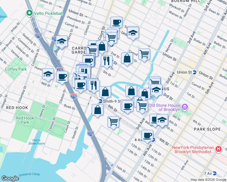 map of restaurants, bars, coffee shops, grocery stores, and more near Th Street Basin in Brooklyn