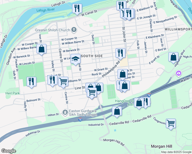 map of restaurants, bars, coffee shops, grocery stores, and more near 831 Seitz Street in Easton