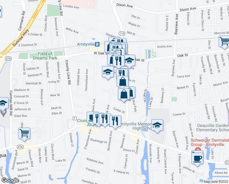 map of restaurants, bars, coffee shops, grocery stores, and more near 121 Park Avenue in Amityville