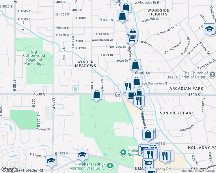 map of restaurants, bars, coffee shops, grocery stores, and more near 4474 Lily Meadows Lane in Millcreek