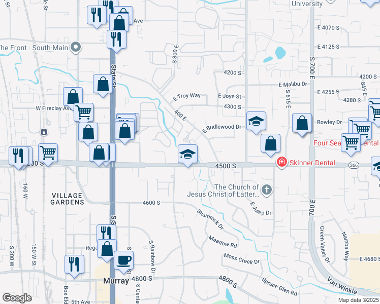 map of restaurants, bars, coffee shops, grocery stores, and more near 340 East Gordon Lane in Murray