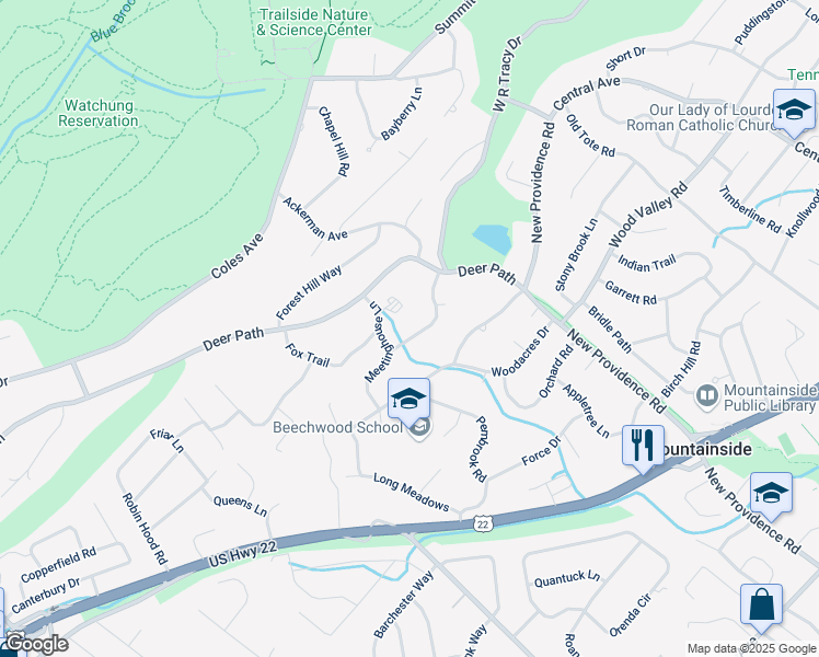 map of restaurants, bars, coffee shops, grocery stores, and more near 303 Partridge Run in Mountainside