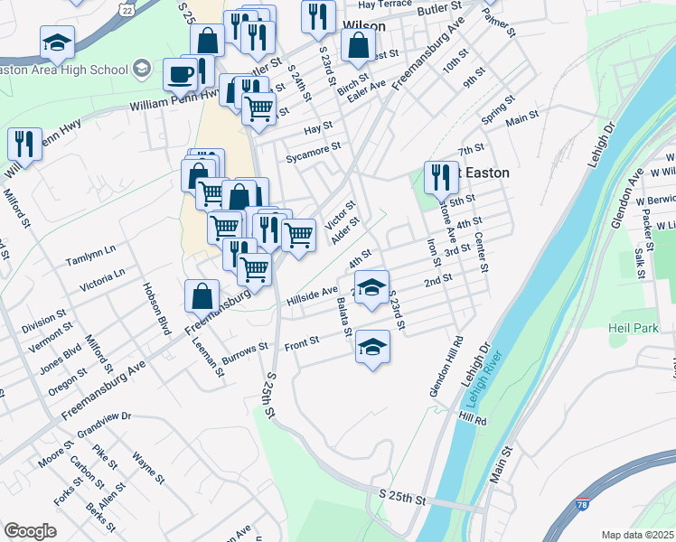 map of restaurants, bars, coffee shops, grocery stores, and more near 2359 4th Street in Easton