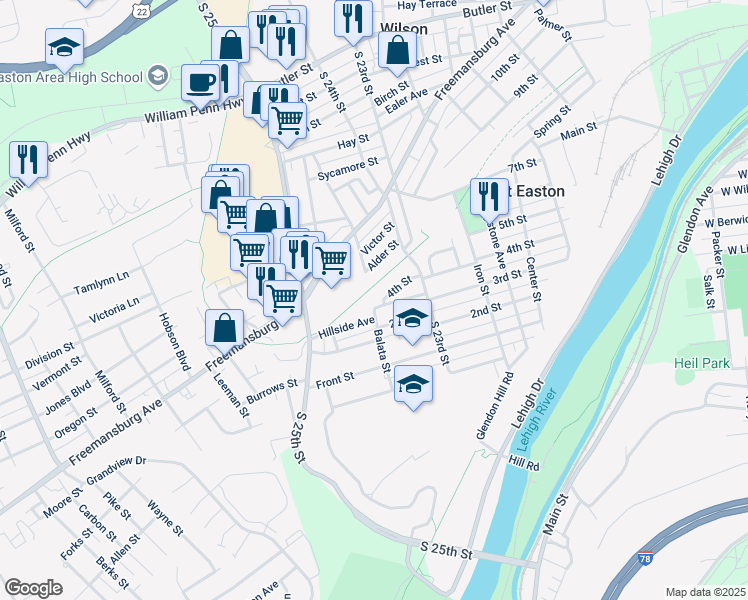 map of restaurants, bars, coffee shops, grocery stores, and more near 2359 4th Street in Easton