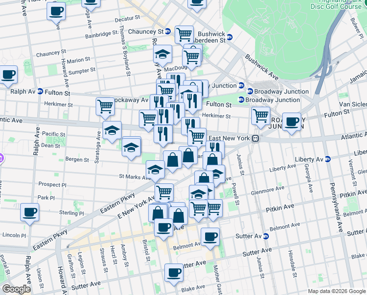 map of restaurants, bars, coffee shops, grocery stores, and more near 2254 Pacific Street in Brooklyn