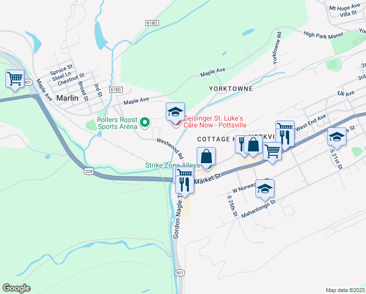 map of restaurants, bars, coffee shops, grocery stores, and more near 10 Westwood Road in Pottsville