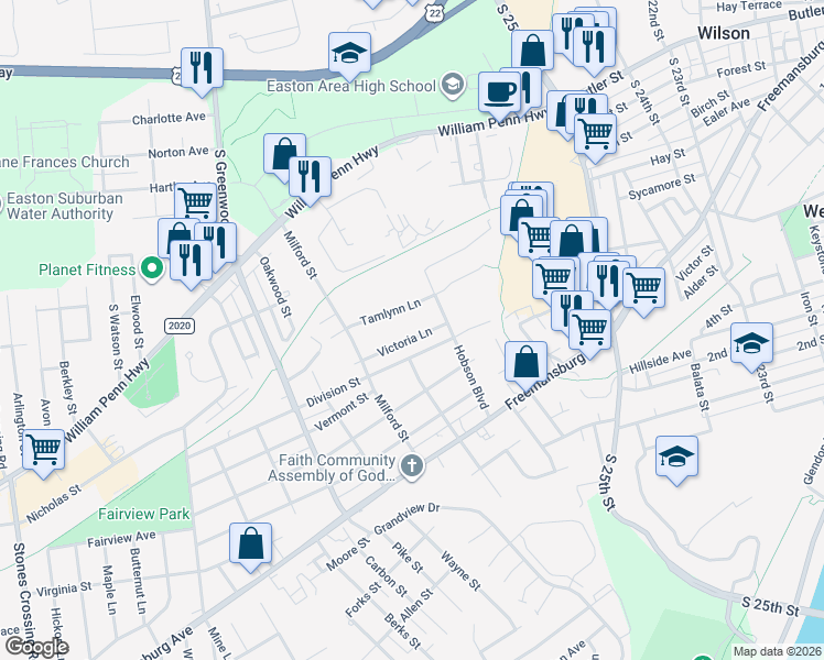 map of restaurants, bars, coffee shops, grocery stores, and more near 2713 Victoria Lane in Easton