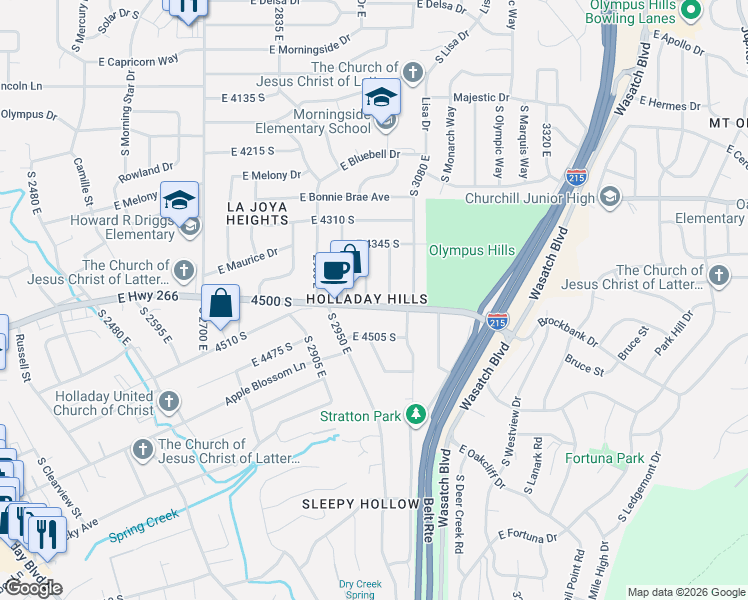 map of restaurants, bars, coffee shops, grocery stores, and more near 4412 South 3035 East in Salt Lake City