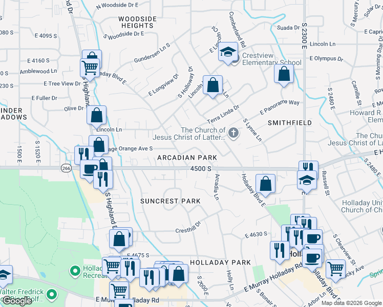 map of restaurants, bars, coffee shops, grocery stores, and more near 1980 East Arcadia Lane in Salt Lake City
