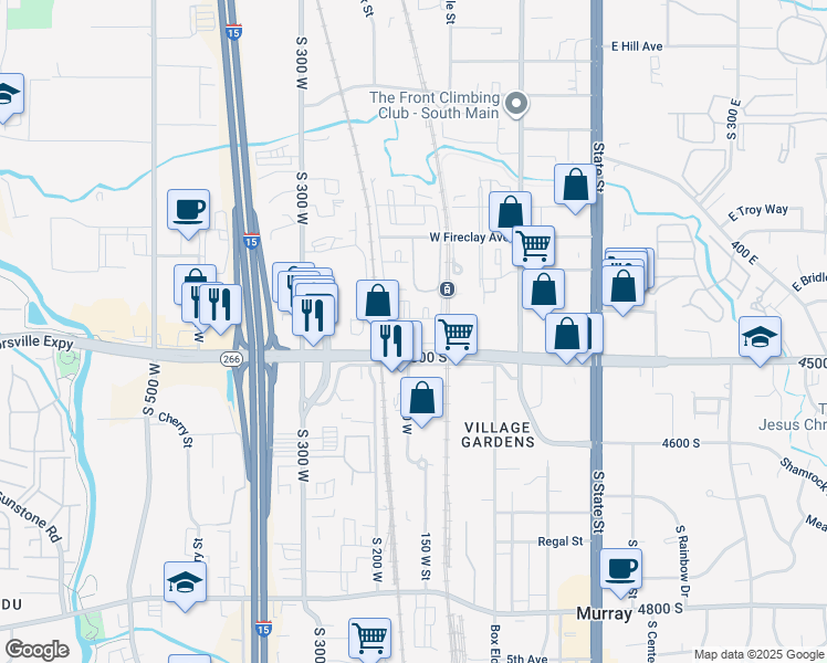 map of restaurants, bars, coffee shops, grocery stores, and more near 143 4450 South in Murray