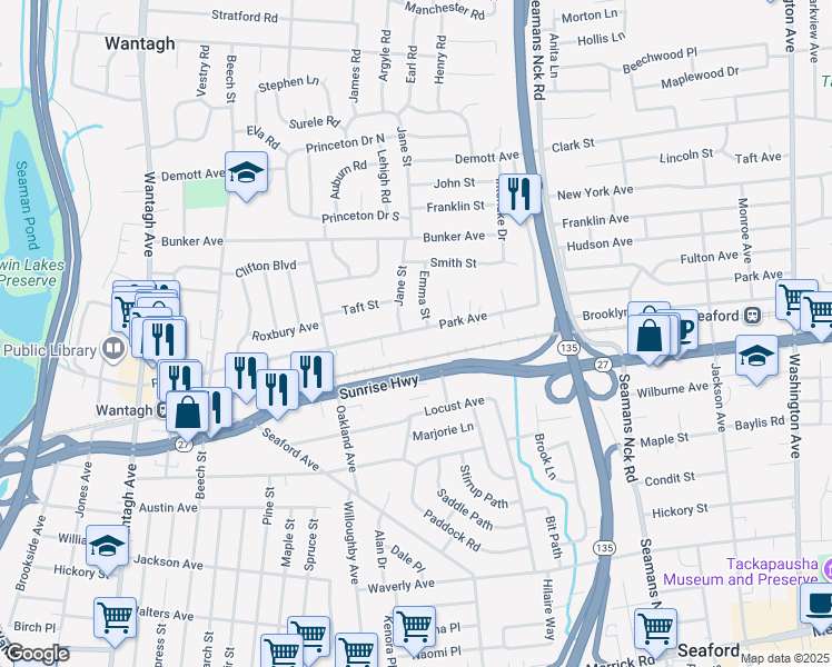 map of restaurants, bars, coffee shops, grocery stores, and more near 1889 Jane Street in Wantagh