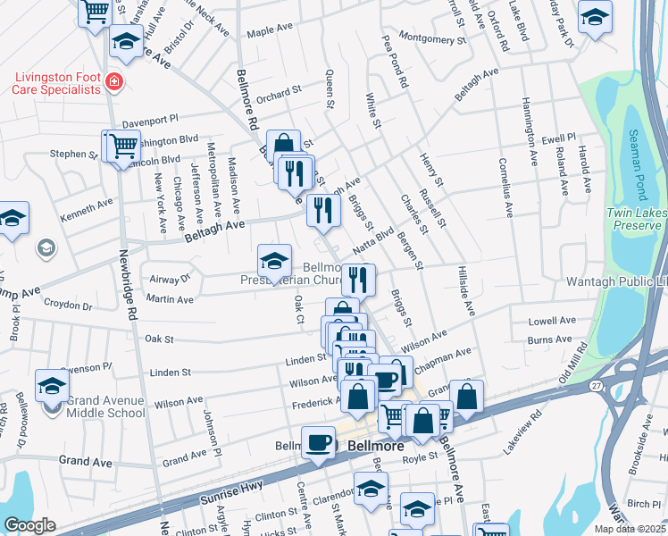 map of restaurants, bars, coffee shops, grocery stores, and more near 1973 Bellmore Avenue in North Bellmore