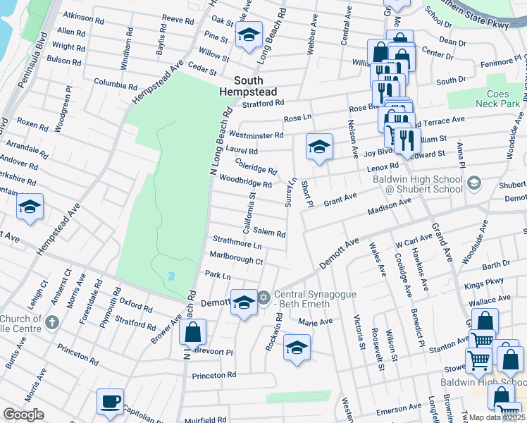 map of restaurants, bars, coffee shops, grocery stores, and more near 1439 California Street in Rockville Centre