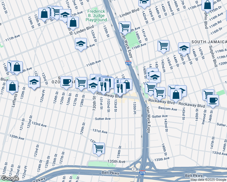 map of restaurants, bars, coffee shops, grocery stores, and more near 117-42 133rd Street in Queens