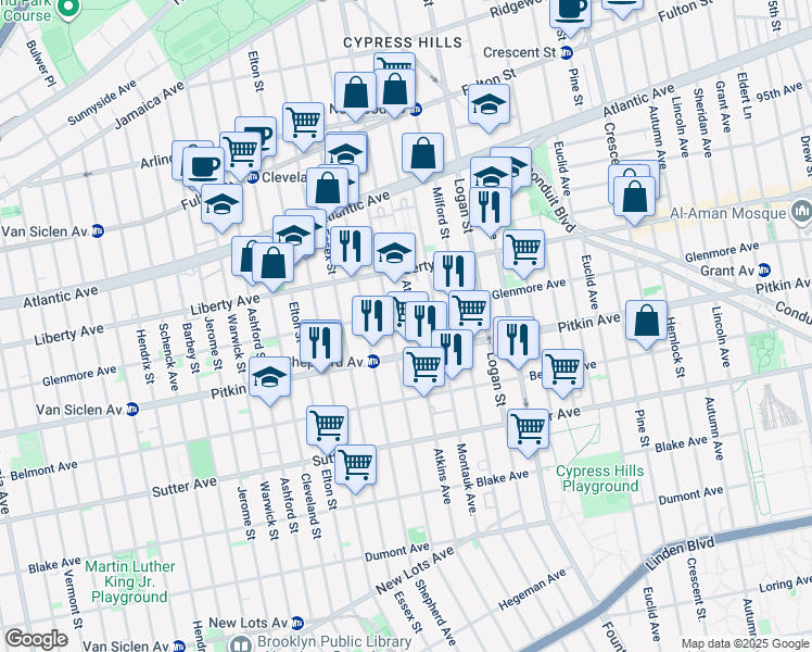 map of restaurants, bars, coffee shops, grocery stores, and more near 836 Glenmore Avenue in Brooklyn