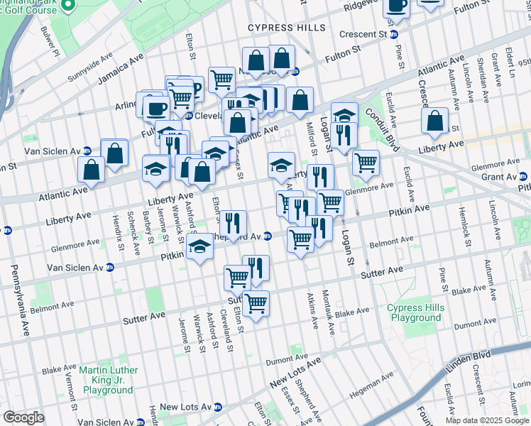 map of restaurants, bars, coffee shops, grocery stores, and more near 793 Glenmore Avenue in Brooklyn