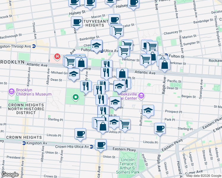 map of restaurants, bars, coffee shops, grocery stores, and more near 1776 Dean Street in Brooklyn