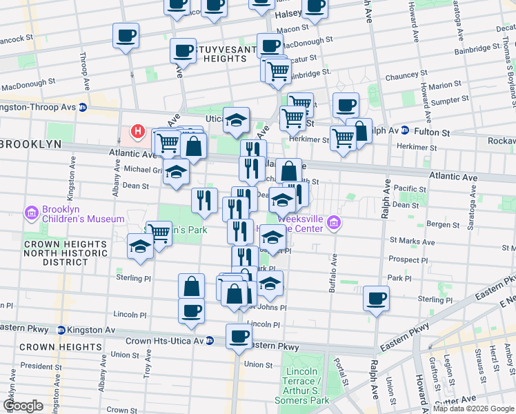 map of restaurants, bars, coffee shops, grocery stores, and more near 92 Utica Avenue in Brooklyn