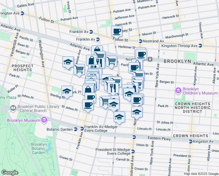 map of restaurants, bars, coffee shops, grocery stores, and more near 596 Saint Marks Avenue in Brooklyn